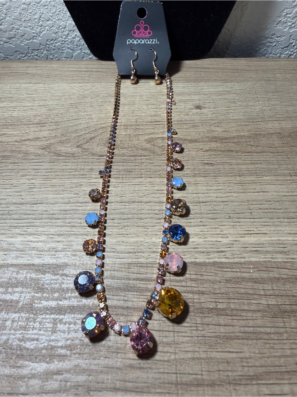 paparazzi Gold-Tone Necklace with Pink, Blue, Yellow and Champagne Stones